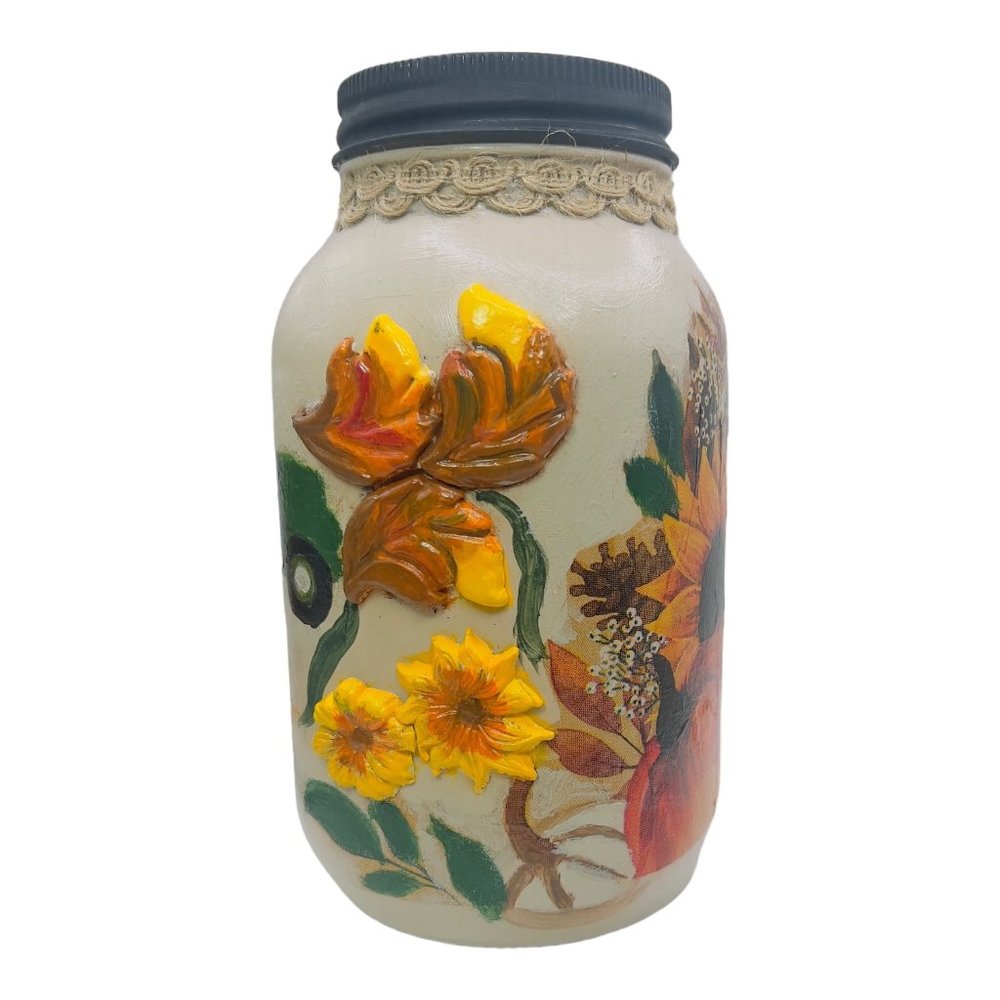 Handcrafted Floral Mason Jar with Truck Design and 3D Clay Farmhouse Artwork - Picture 3 of 13